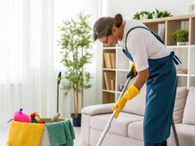 Pessoa limpando uma casa moderna e organizada, usando diversos utensílios de limpeza.
