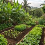Horta saudável com plantas fortes e naturais ao redor de fertilizantes como composto, cascas de banana e esterco.