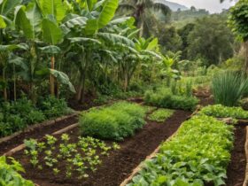 Horta saudável com plantas fortes e naturais ao redor de fertilizantes como composto, cascas de banana e esterco.