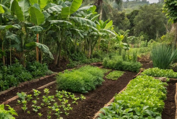 Horta saudável com plantas fortes e naturais ao redor de fertilizantes como composto, cascas de banana e esterco.
