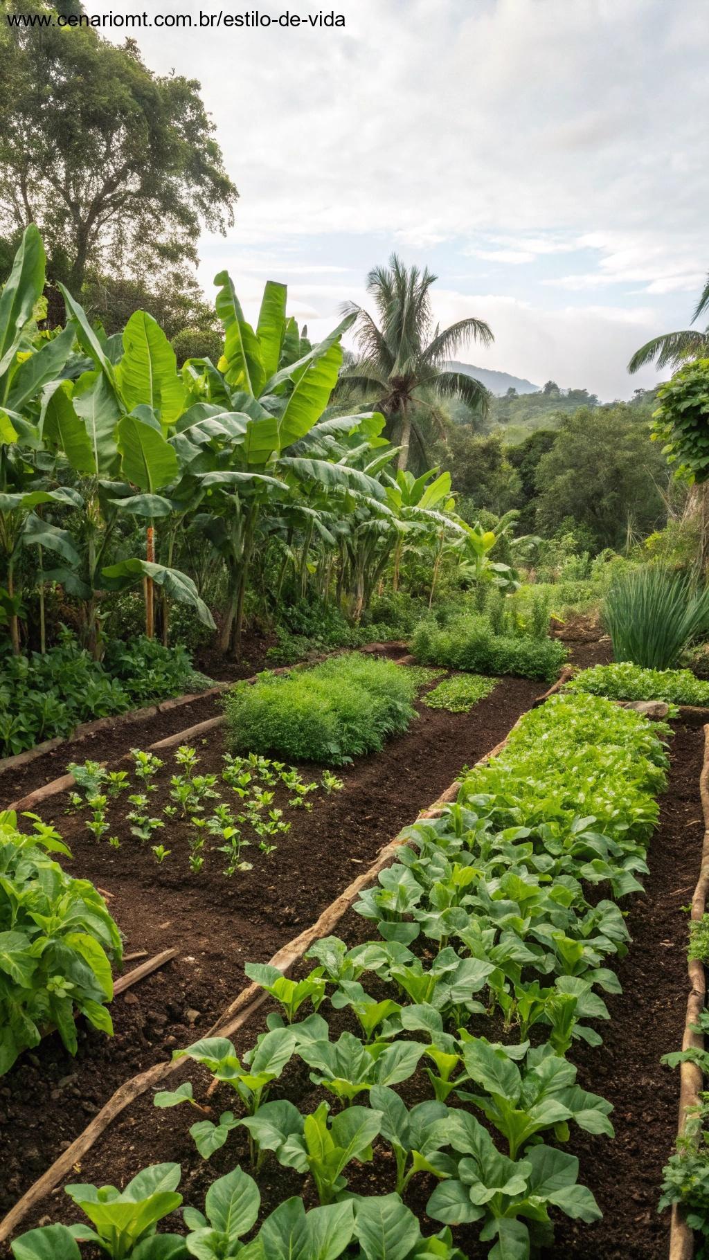 Horta saudável com plantas fortes e naturais ao redor de fertilizantes como composto, cascas de banana e esterco.