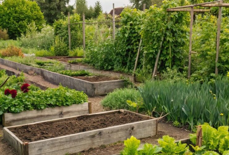 Imagem de uma horta com solo enriquecido por compostagem, com plantas saudáveis em camas elevadas.