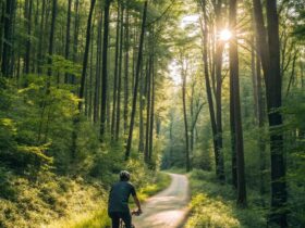 Pessoa pedalando em um trilho de floresta com luz solar filtrando pelas árvores