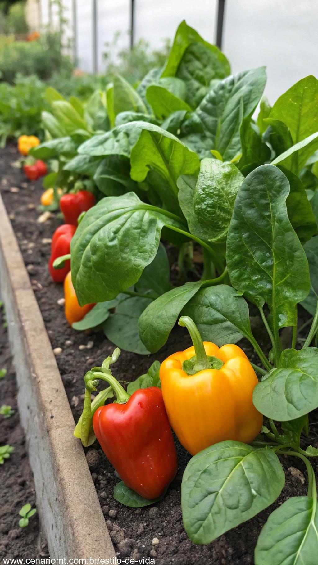 Pimentões crescendo ao lado de espinafre, com as folhas verdes vibrantes de espinafre complementando os frutos coloridos dos pimentões.