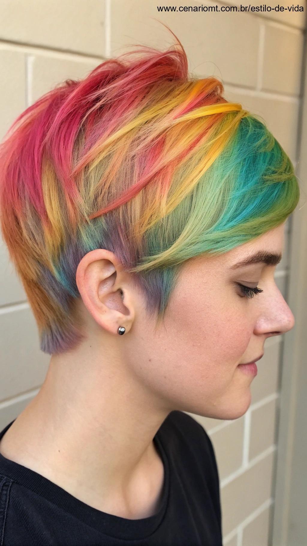 Corte pixie com mechas iluminadas, vibrante e cheio de estilo.
