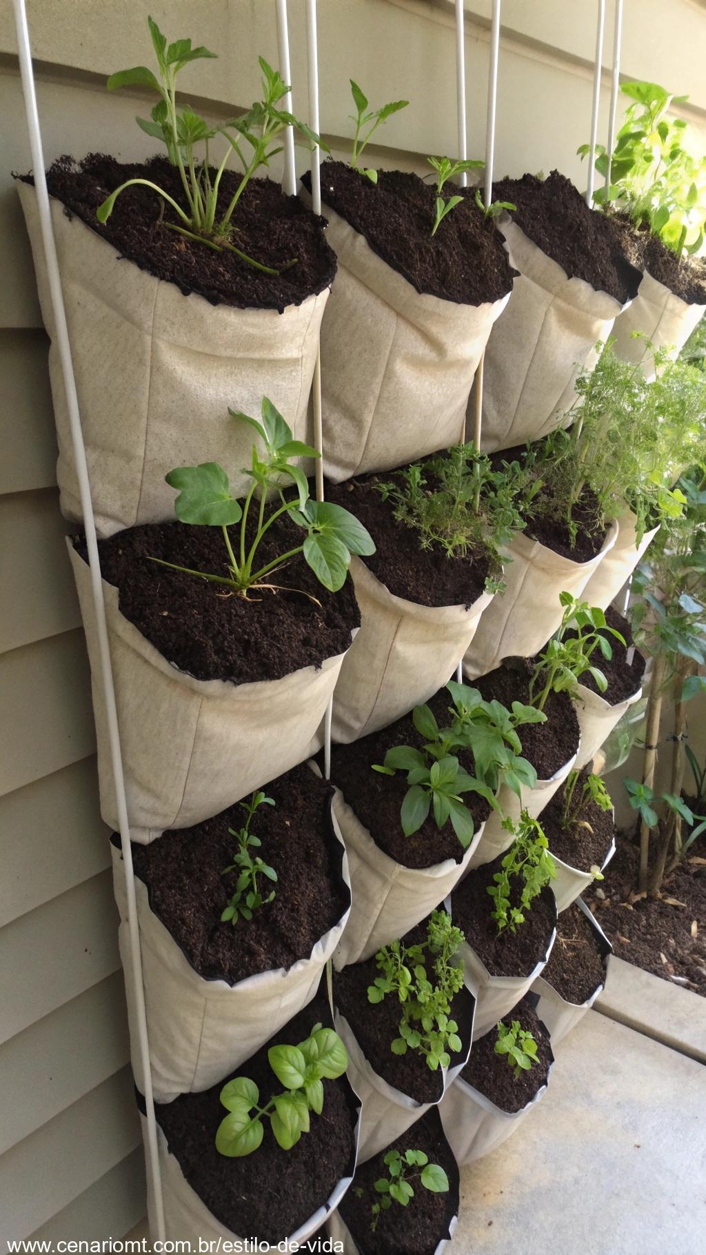 Sacos de cultivo pendurados verticalmente, preenchidos com solo e plantas crescendo a partir deles em uma configuração que economiza espaço.