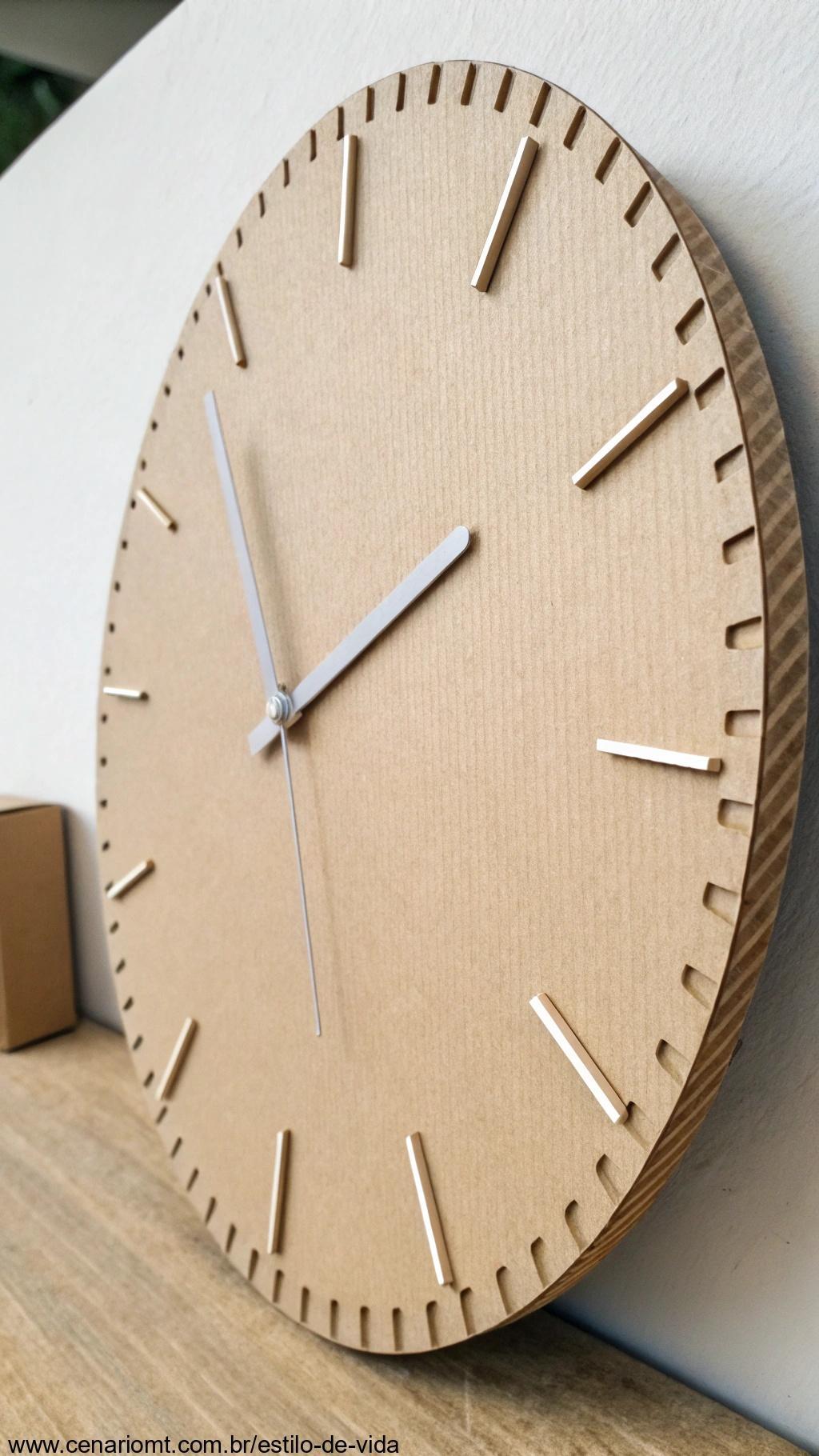 Relógio de parede feito com papelão.