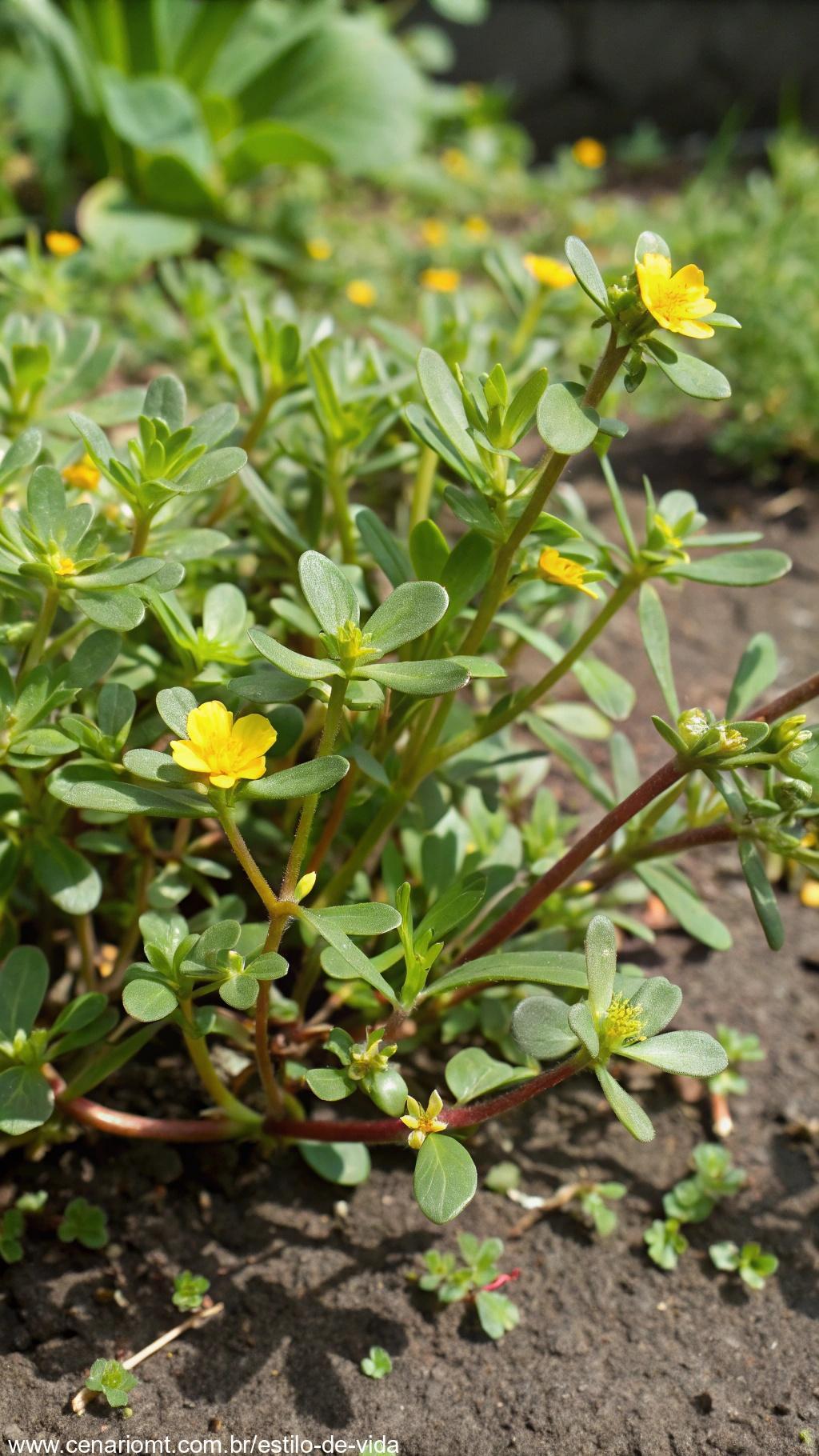 Planta de Beldroega com folhas verdes e flores amarelas.