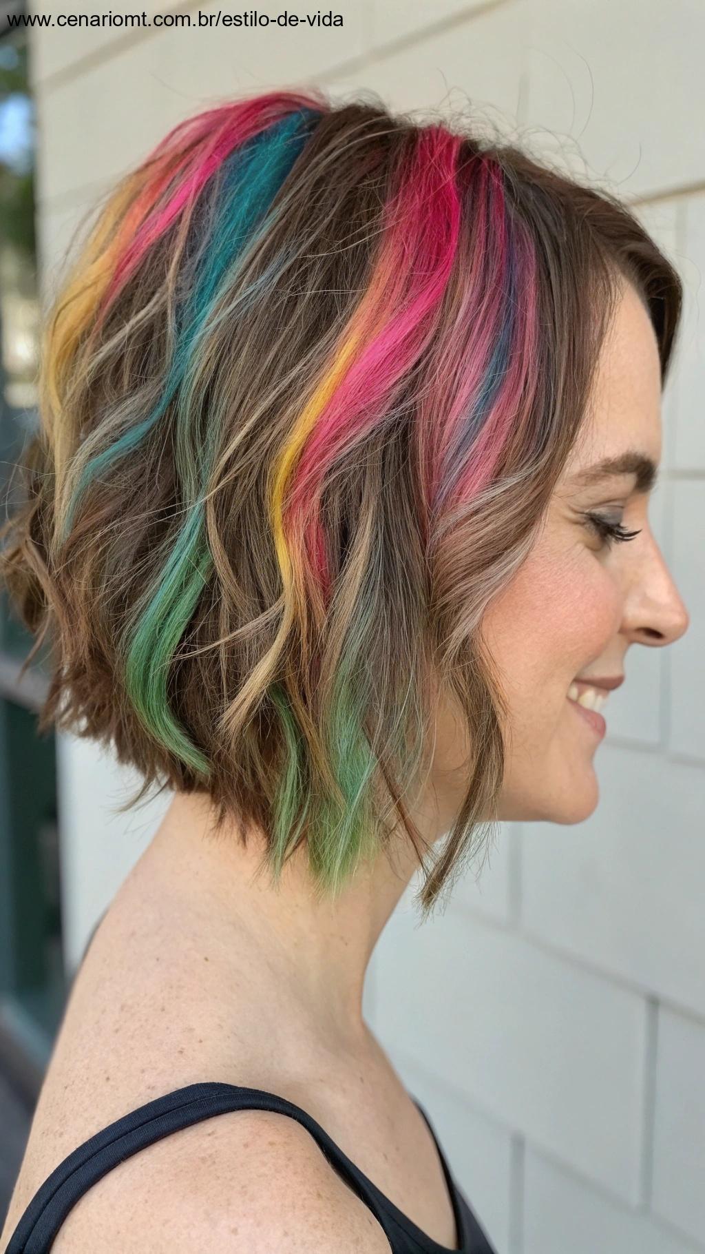 Bob desfiado com mechas coloridas, incorporando cores vibrantes para um visual ousado e divertido