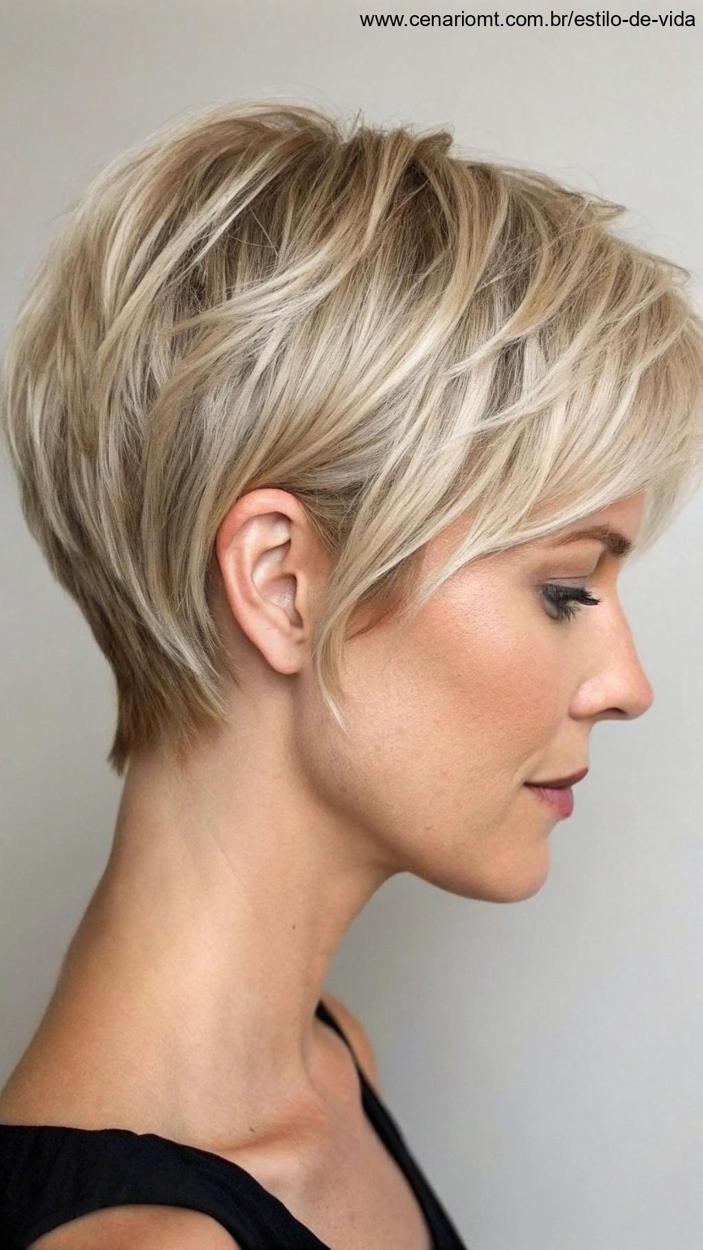 Corte curto em camadas leves e naturais.