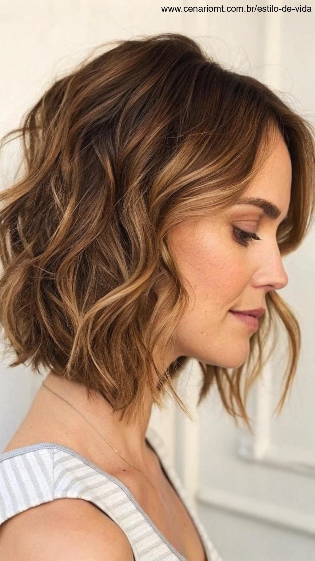 Corte curto com camadas suaves e ondas naturais.