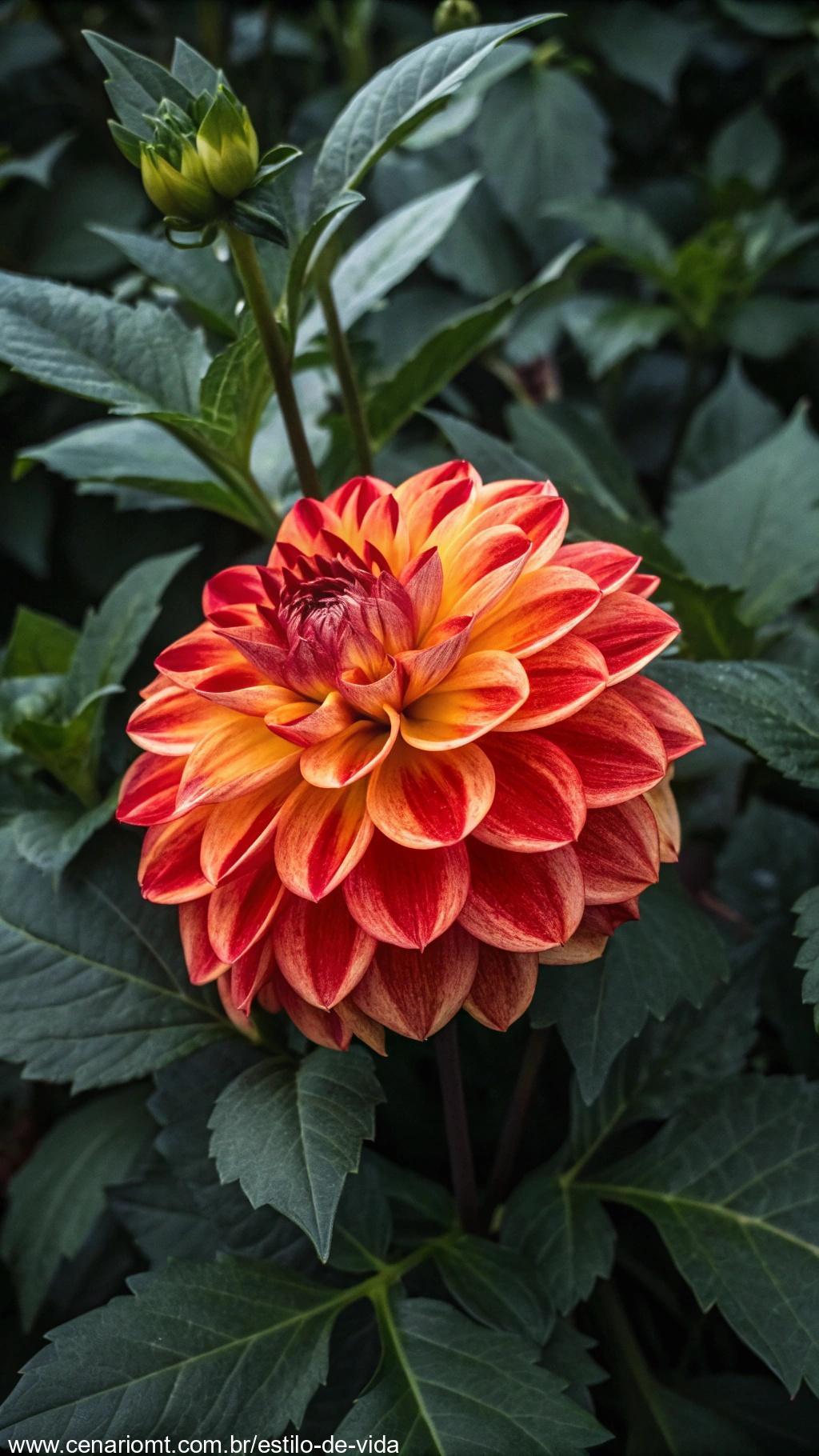 Uma flor de dália brilhante com camadas de pétalas vermelhas e laranjas, em frente a um fundo de folhagem verde escura.