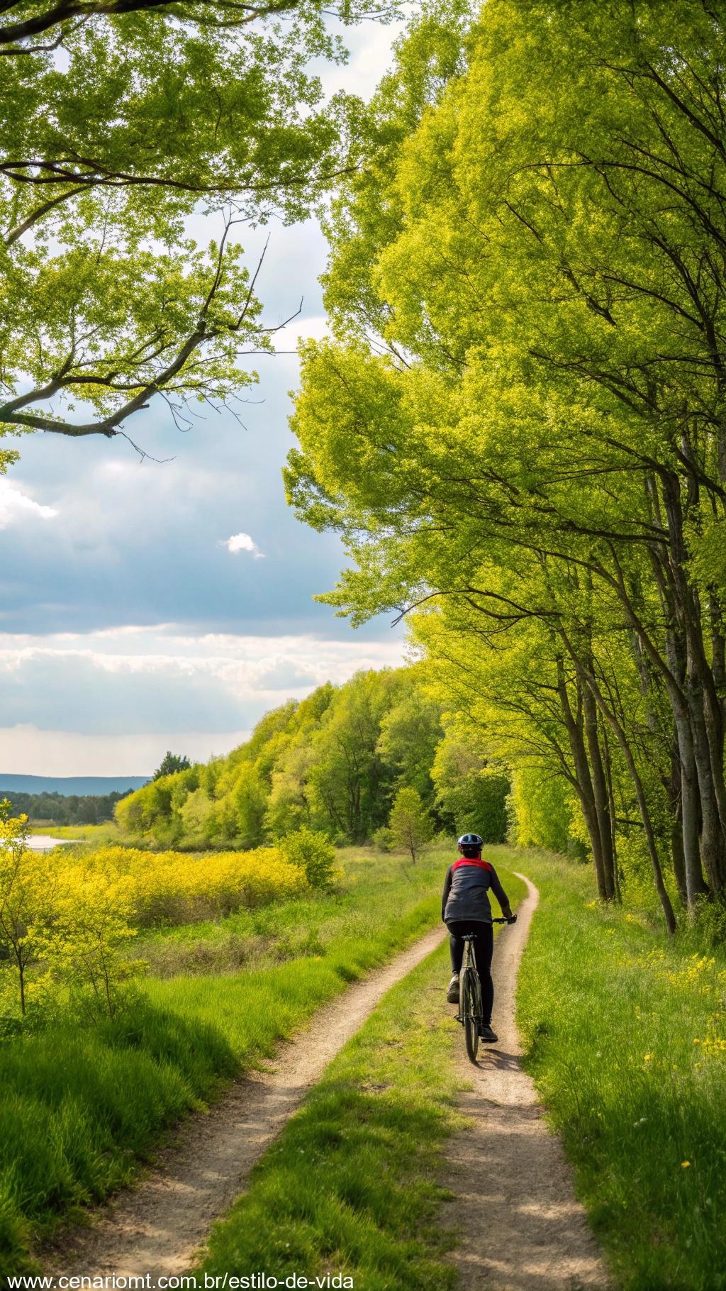 Ciclista rodeado por uma natureza vibrante, sentindo-se conectado ao ambiente externo.