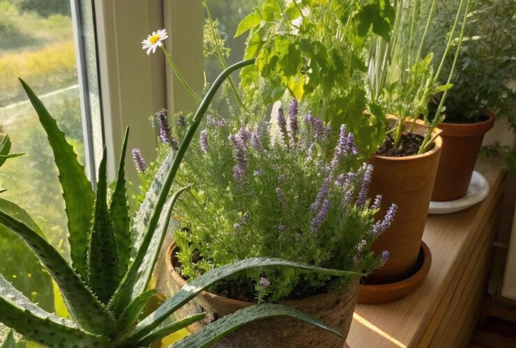 Coleção de 12 plantas medicinais em um jardim interno aconchegante.