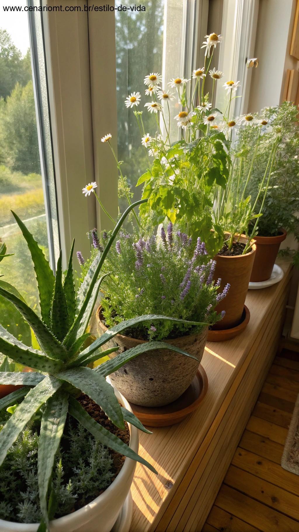 Coleção de 12 plantas medicinais em um jardim interno aconchegante.