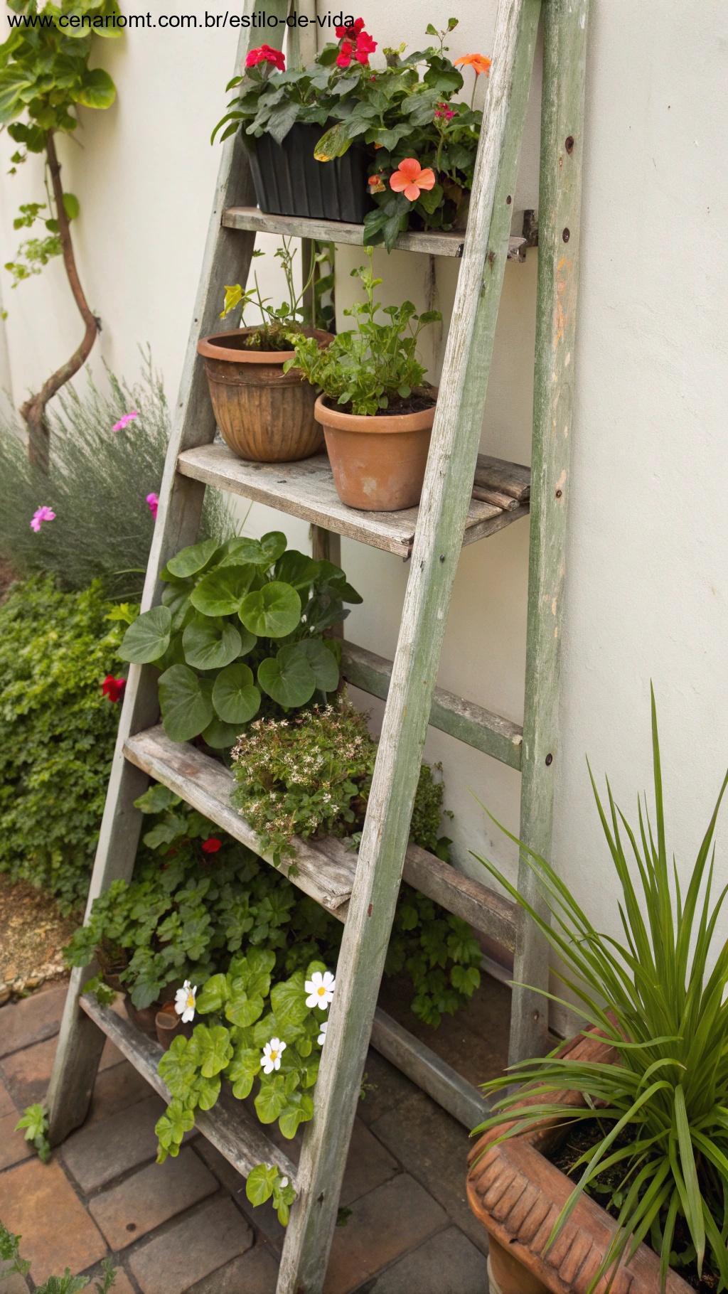 Uma escada antiga convertida em uma horta vertical, com plantas crescendo em cada degrau e prateleira.