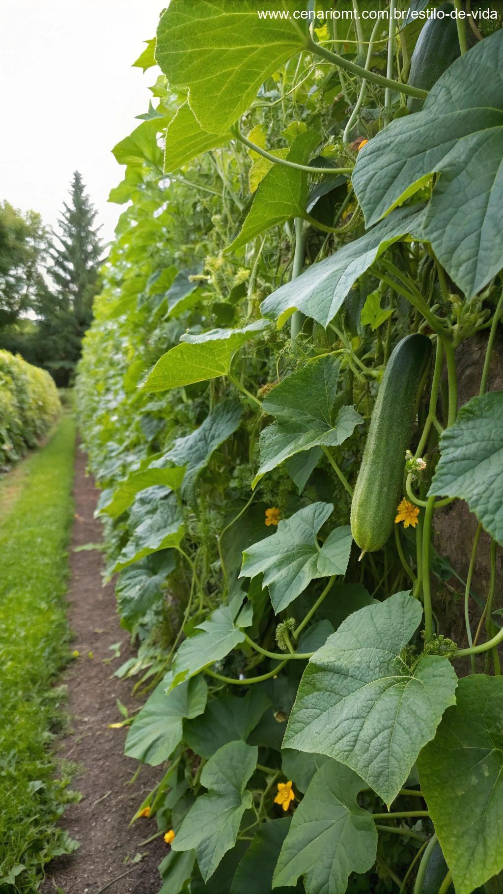 Plantas de abobrinha crescendo ao lado de feijão, suas largas folhas e frutas verdes de abobrinha se misturando com as videiras de feijão.