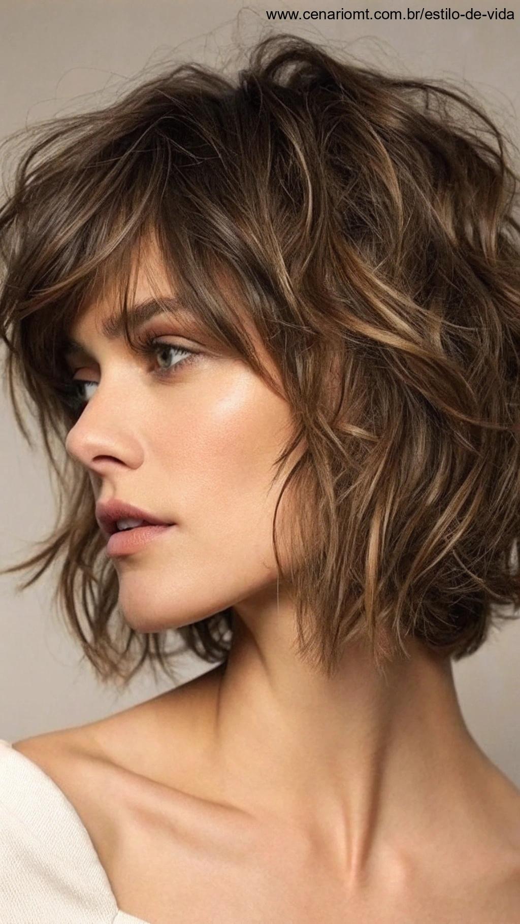 Bob desfiado com volume na parte superior, realçando o corpo e a textura natural do cabelo
