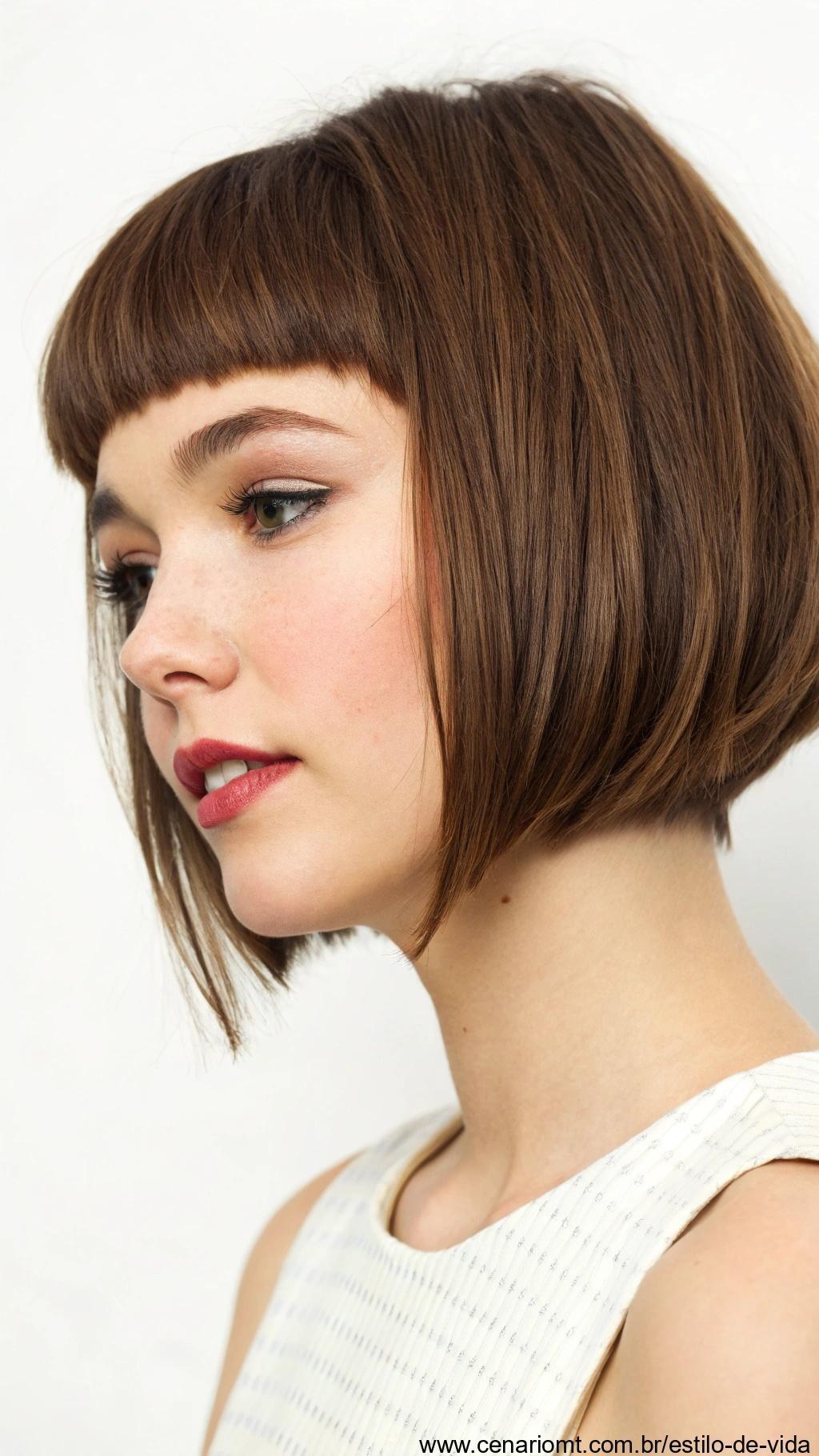 Corte bob com franja reta e volume suave.