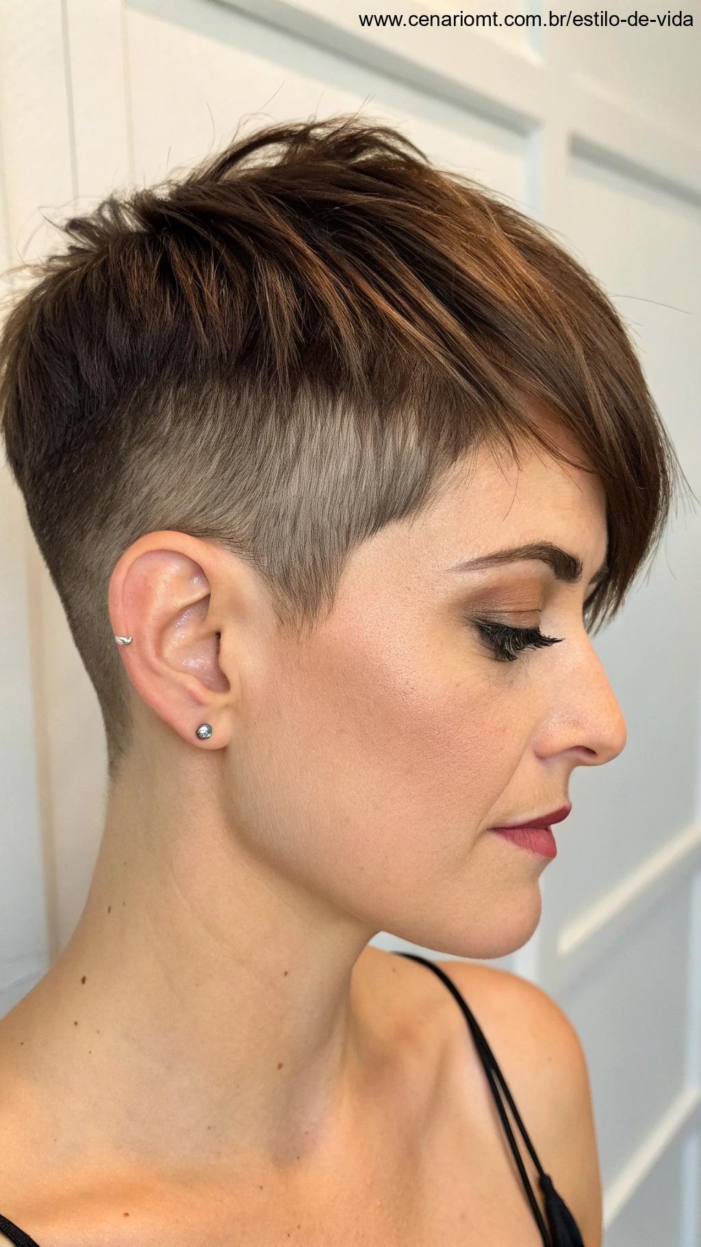 Corte curto com franja assimétrica: cabelo curto com franjas assimétricas e ousadas.