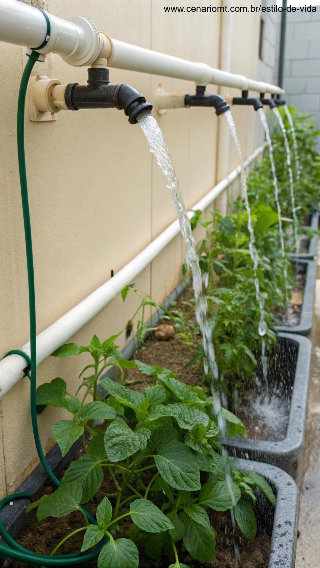 Sistema de irrigação vertical instalado com canos e água fluindo para as plantas, criando uma solução eficiente de rega.