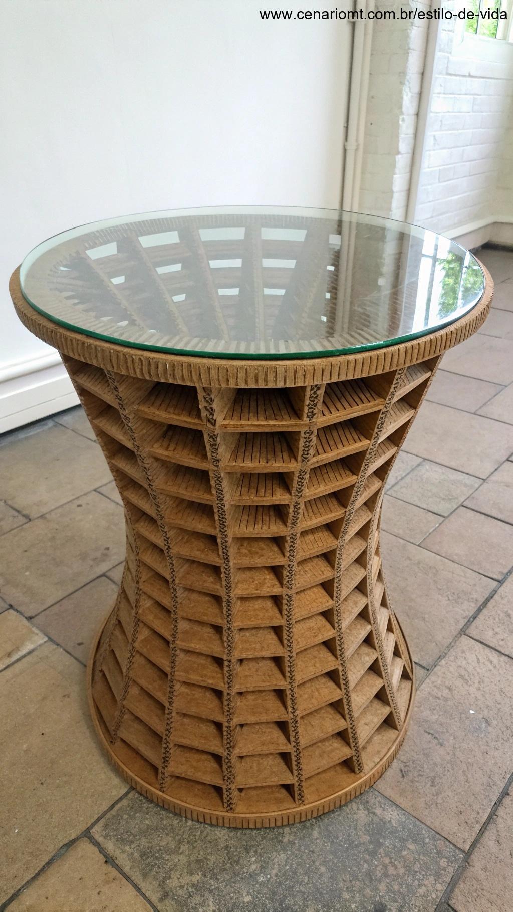Mesa de centro alternativa feita de papelão reaproveitado.
