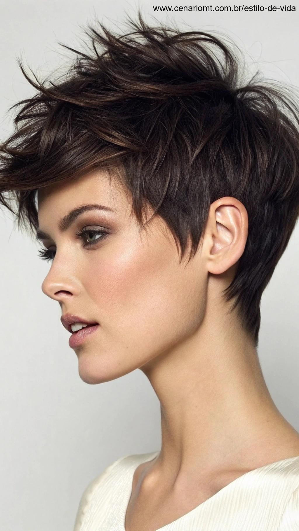 Corte pixie com franja, moderno e elegante.