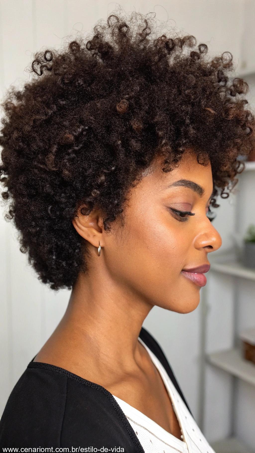 Corte curto estilo afro com volume e cachos naturais.