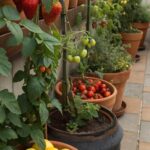 Imagem de um jardim doméstico com diversas frutas plantadas em vasos e recipientes.