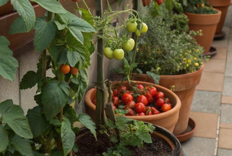 Imagem de um jardim doméstico com diversas frutas plantadas em vasos e recipientes.