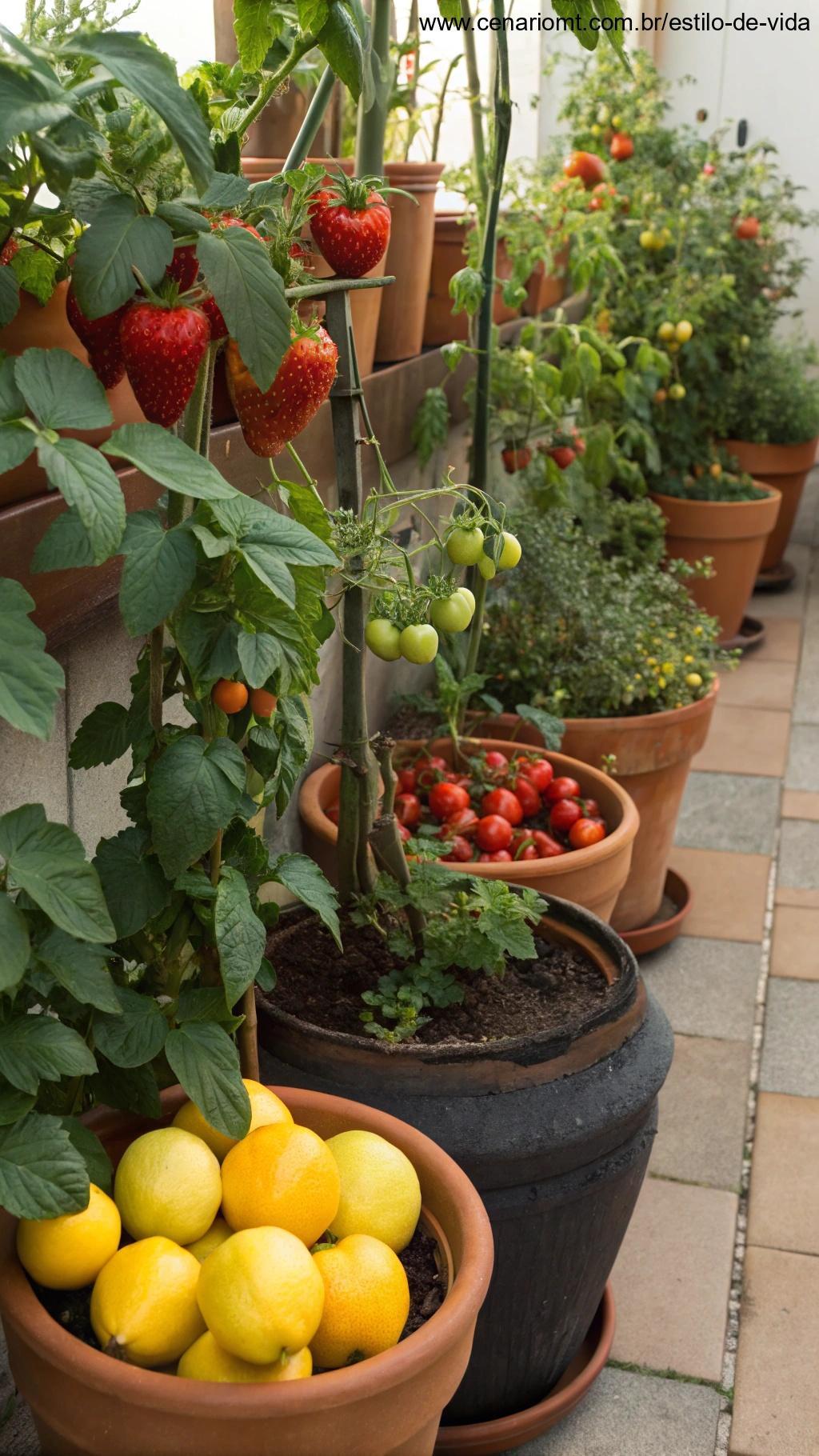 Imagem de um jardim doméstico com diversas frutas plantadas em vasos e recipientes.