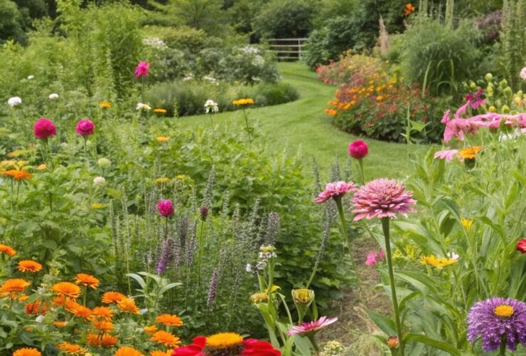 Um jardim vibrante cheio de flores coloridas, atraindo abelhas, borboletas e beija-flores, com vegetação exuberante e uma atmosfera tranquila.