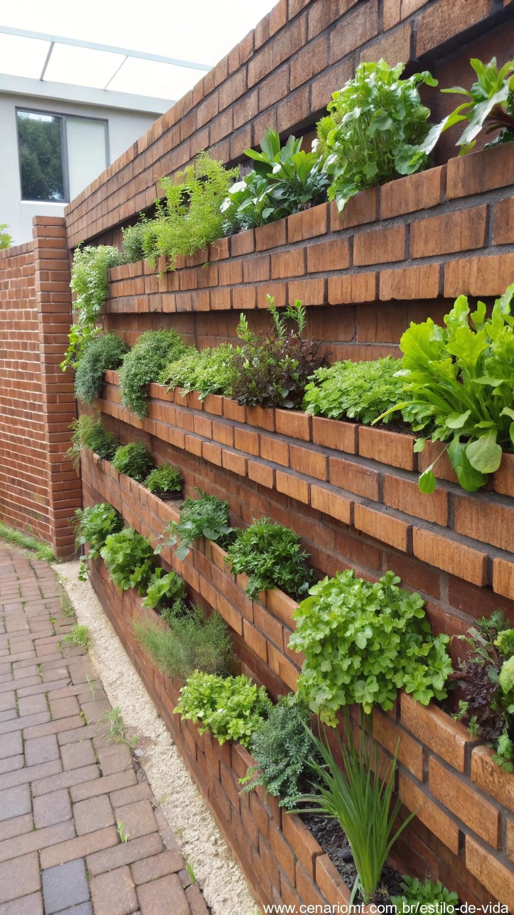 Uma parede de tijolos transformada em uma horta vertical, com plantas crescendo entre os tijolos de maneira organizada.