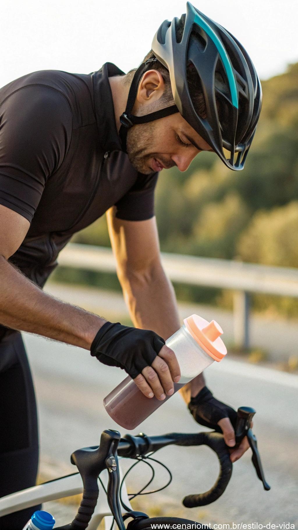 Ciclista preparando uma bebida esportiva com suplementos como eletrólitos e proteína em pó