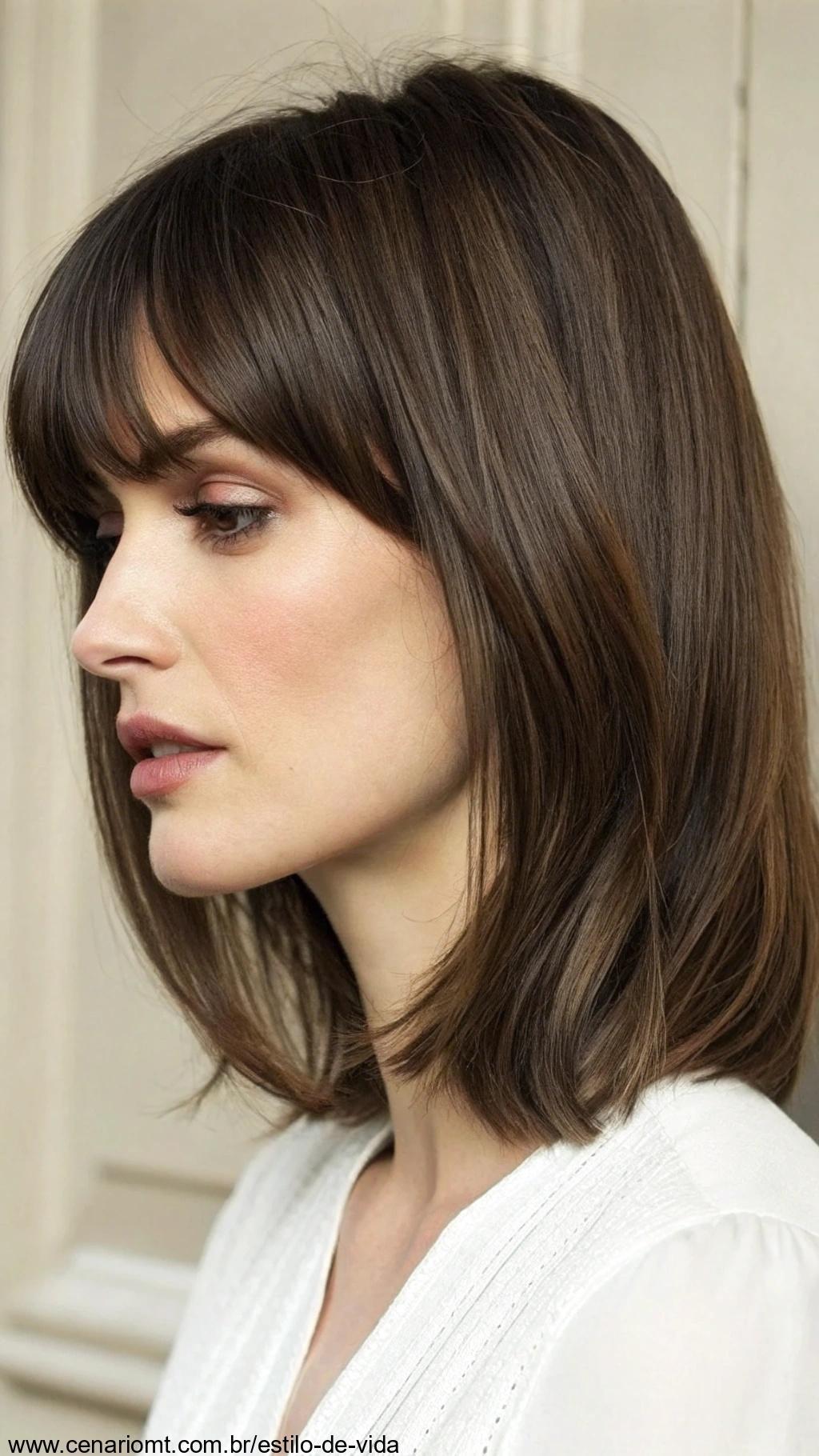 Corte fino com franja: corte de cabelo fino com franjas suaves e elegantes.