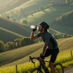 Ciclista pedalando por um campo, bebendo água para manter-se hidratado.