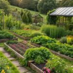 Jardim sustentável e ecológico com diversas plantas em harmonia, destacando práticas de jardinagem ecológicas.