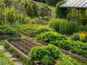 Jardim sustentável e ecológico com diversas plantas em harmonia, destacando práticas de jardinagem ecológicas.