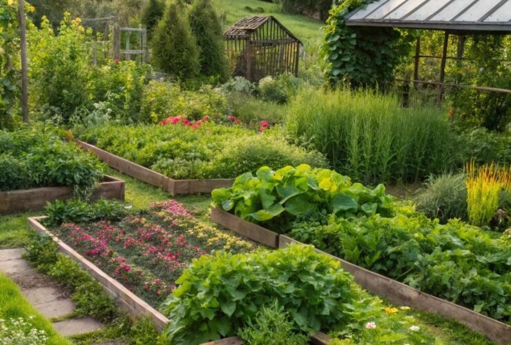Jardim sustentável e ecológico com diversas plantas em harmonia, destacando práticas de jardinagem ecológicas.