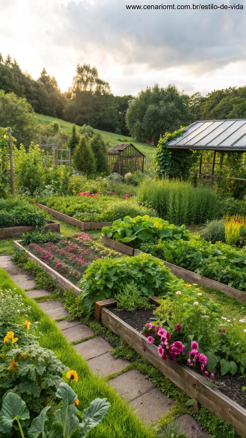 Jardim sustentável e ecológico com diversas plantas em harmonia, destacando práticas de jardinagem ecológicas.