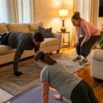 Vários exercícios de treino em casa sendo realizados em uma sala de estar