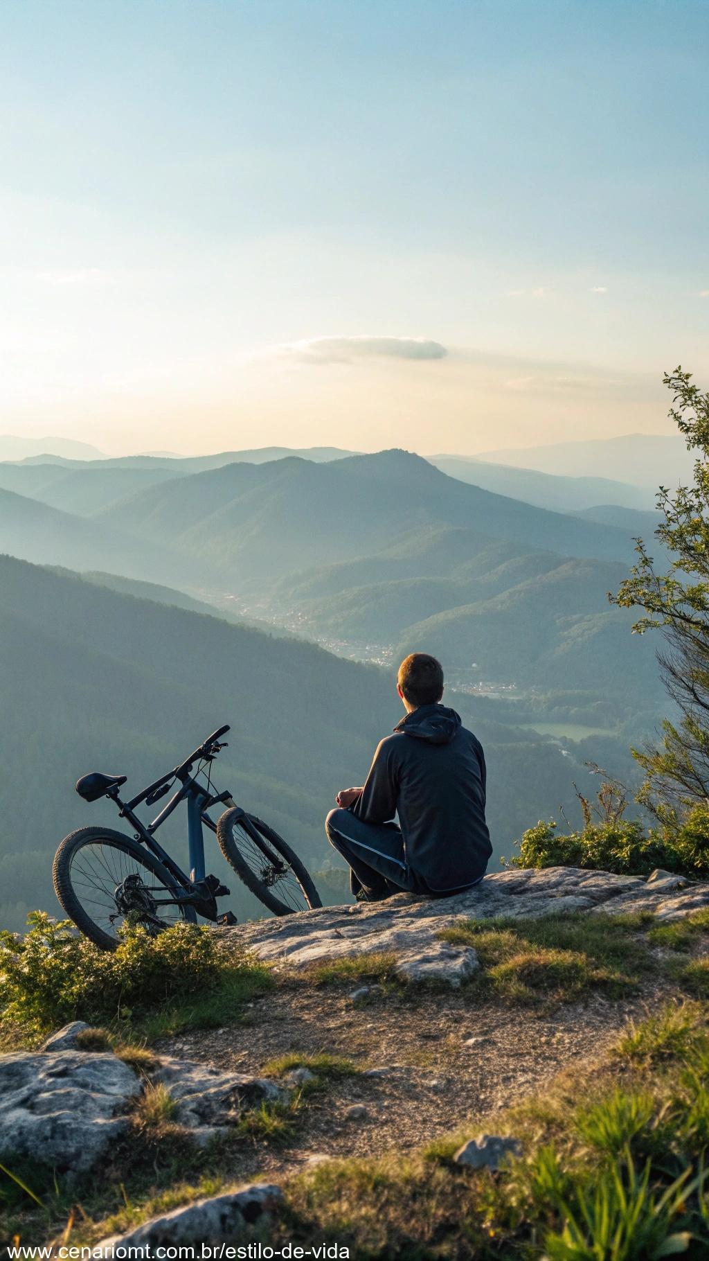 Ciclista meditando no topo de uma montanha com uma bicicleta por perto, visualizando o sucesso