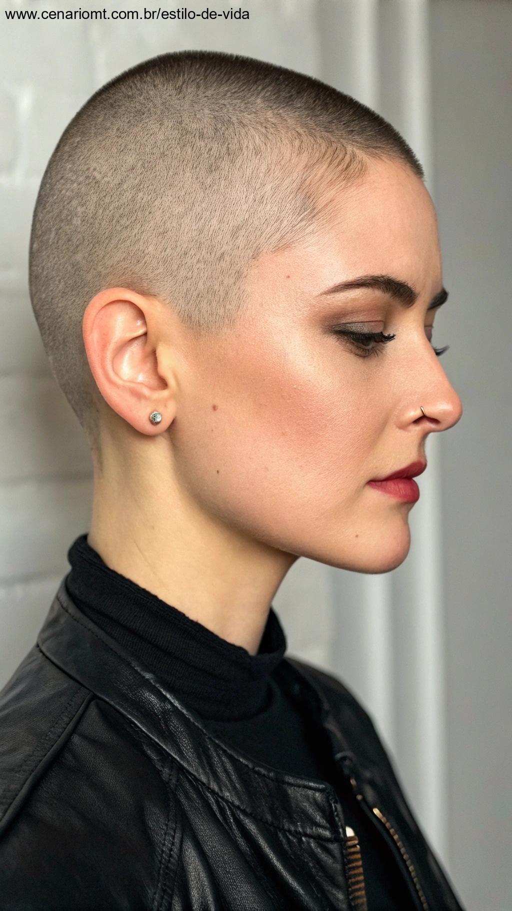 Corte buzz cut com franja: buzz cut ousado com franjas que trazem um toque moderno.
