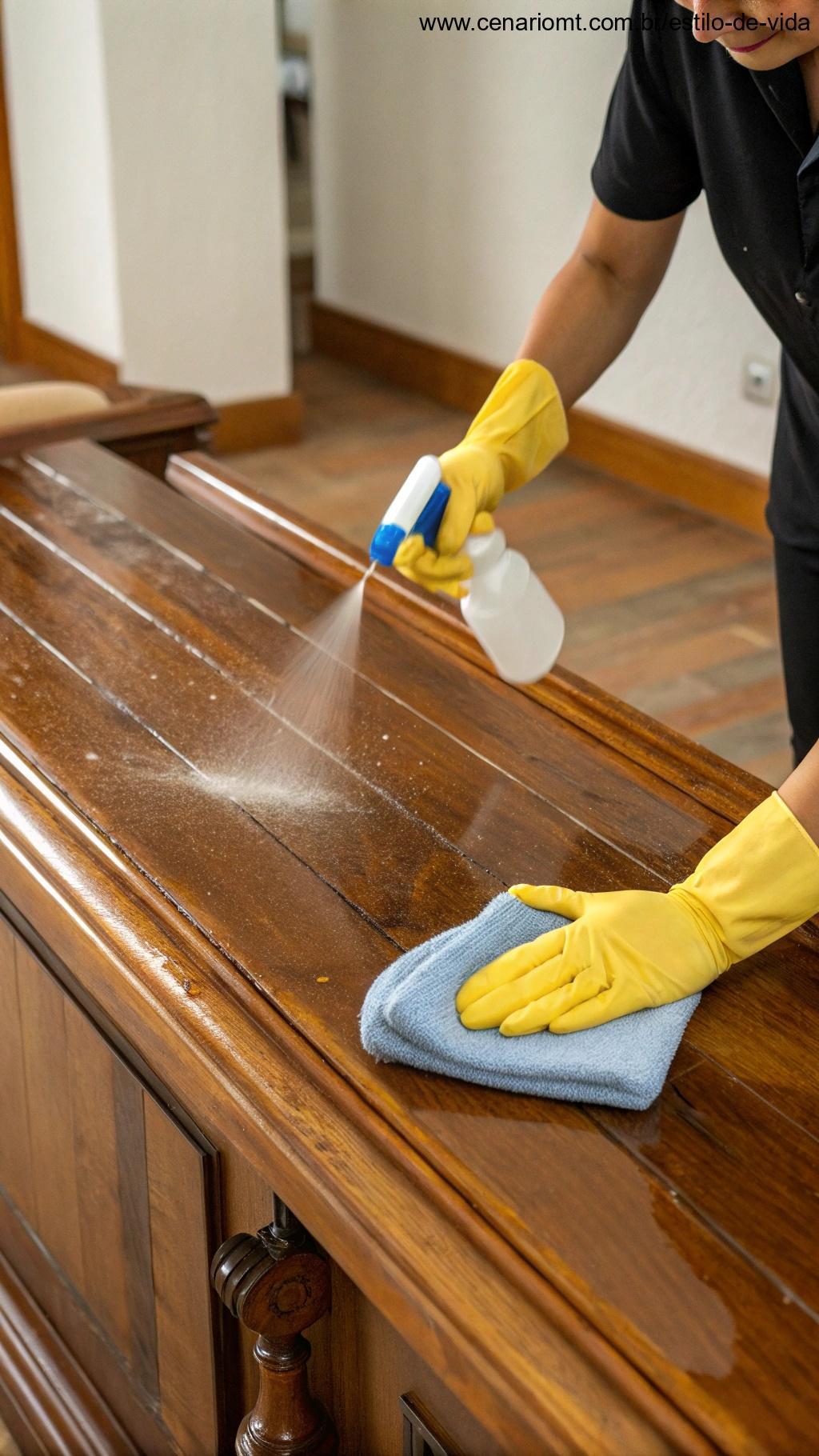 móvel de madeira sendo limpo sem contato com produtos de beleza
