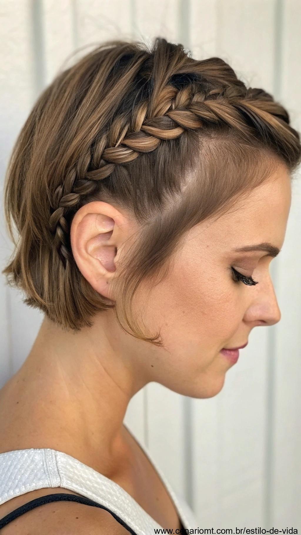 Corte curto com penteado trançado elegante.