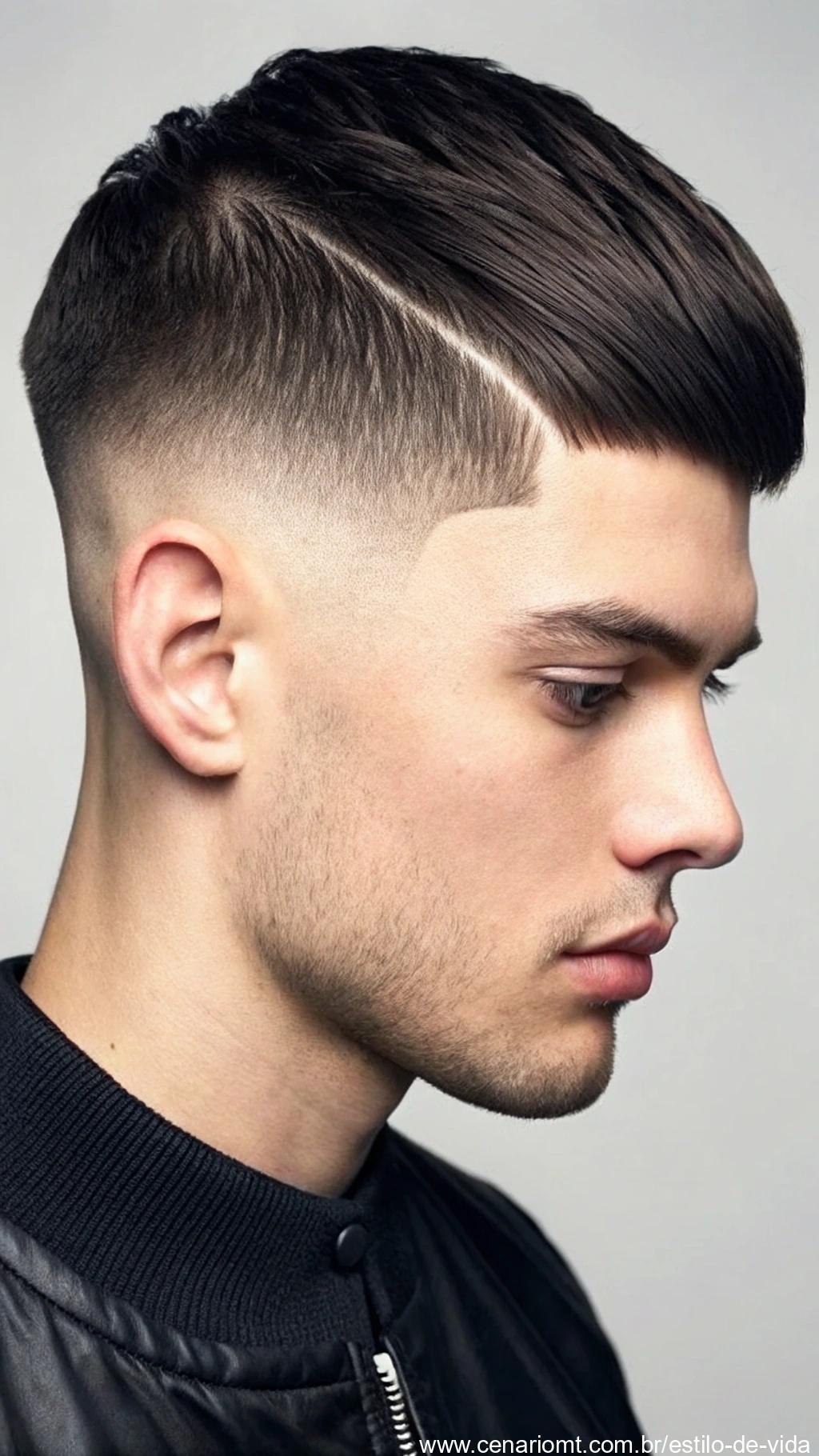 Corte degradê com franja lateral: corte degradê com franjas laterais para um visual moderno.