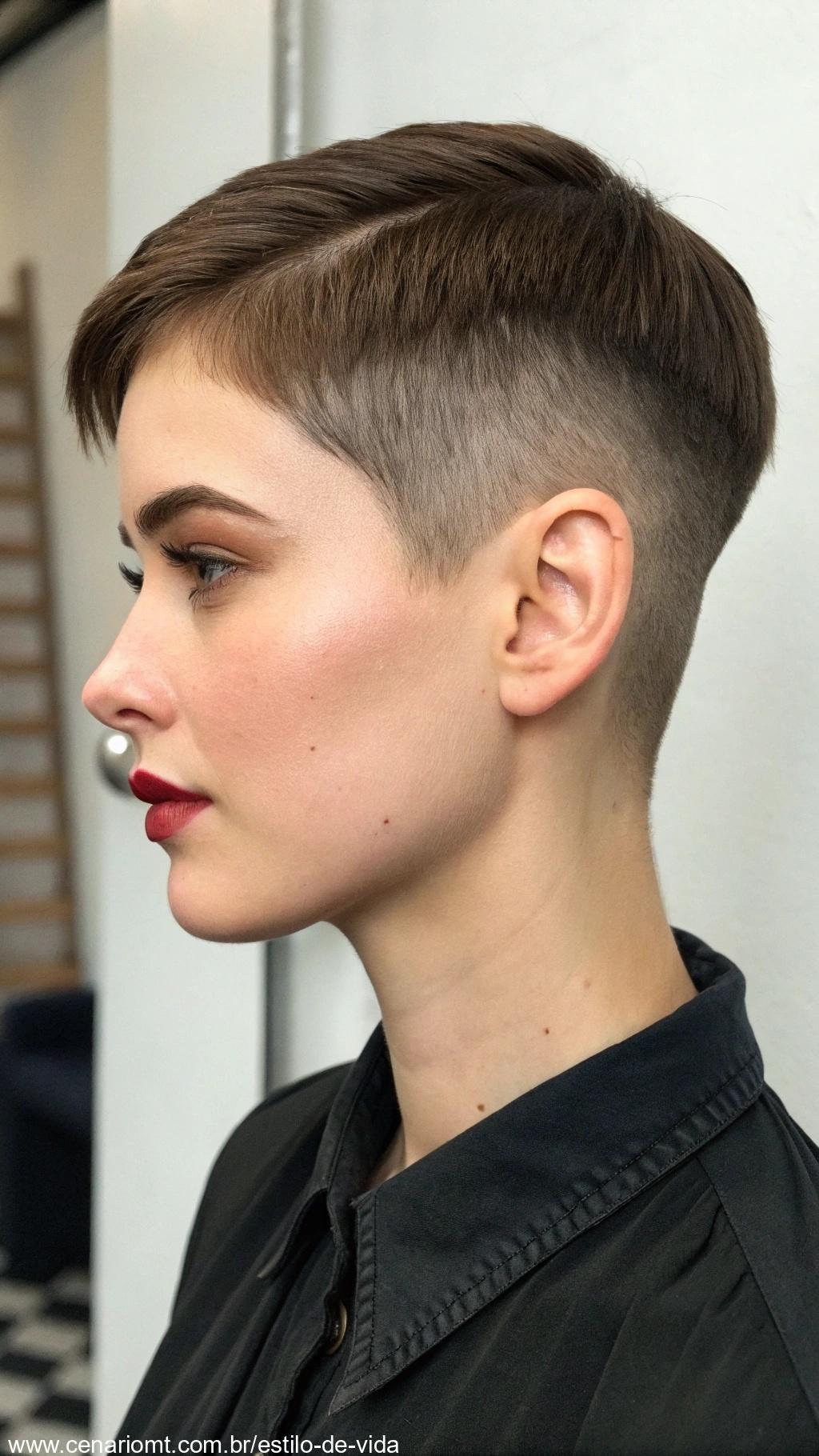 Corte curto estilo boyish, com linhas limpas e ousadas.