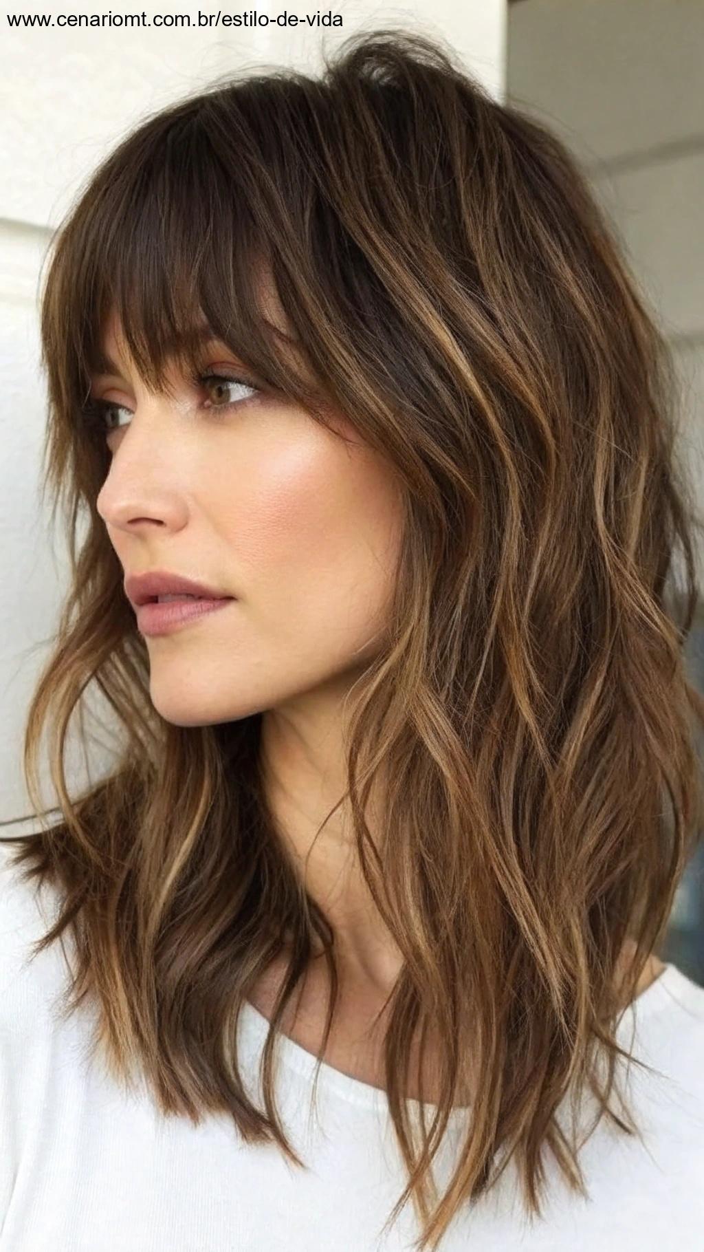 Corte médio com franja texturizada: cabelo médio com franjas texturizadas que adicionam volume.