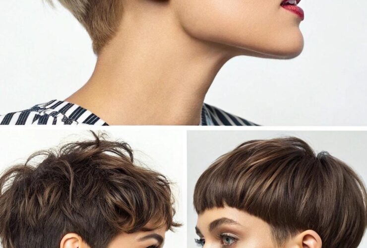 19 estilos de cortes curtos com franja: diferentes cortes de cabelo curto com franjas em uma cena vibrante e moderna.