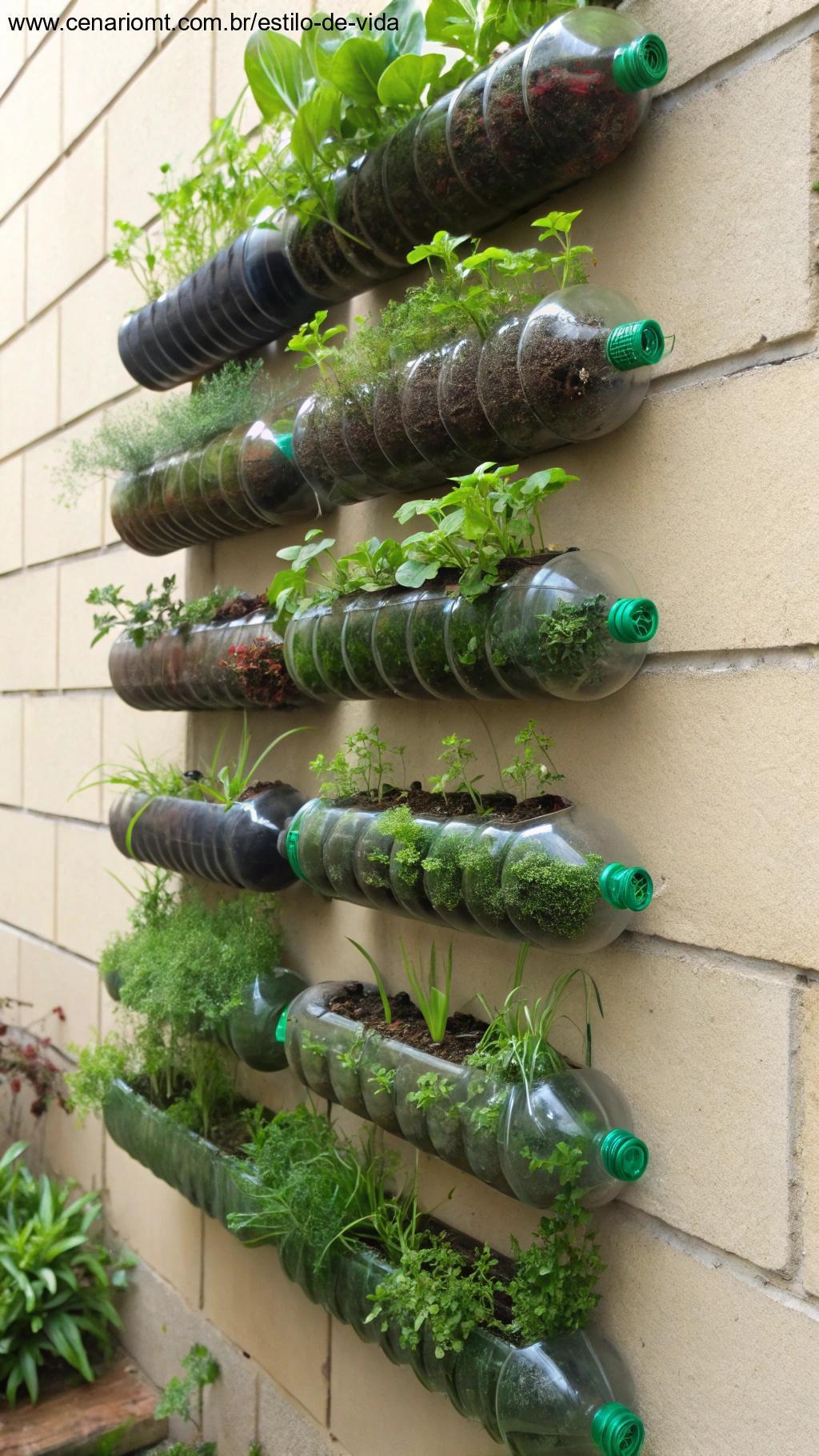 Garrafas PET recicladas dispostas criativamente para criar uma horta vertical com pequenas plantas crescendo em cada garrafa.